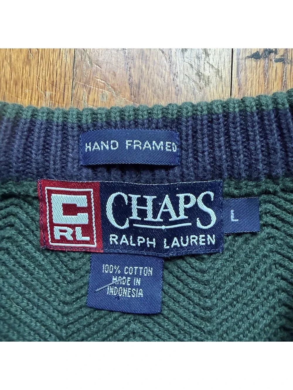 VTG Ralph Lauren Chaps Sweater Mens L Green Hand Framed Chevron Knit Sweatshirt